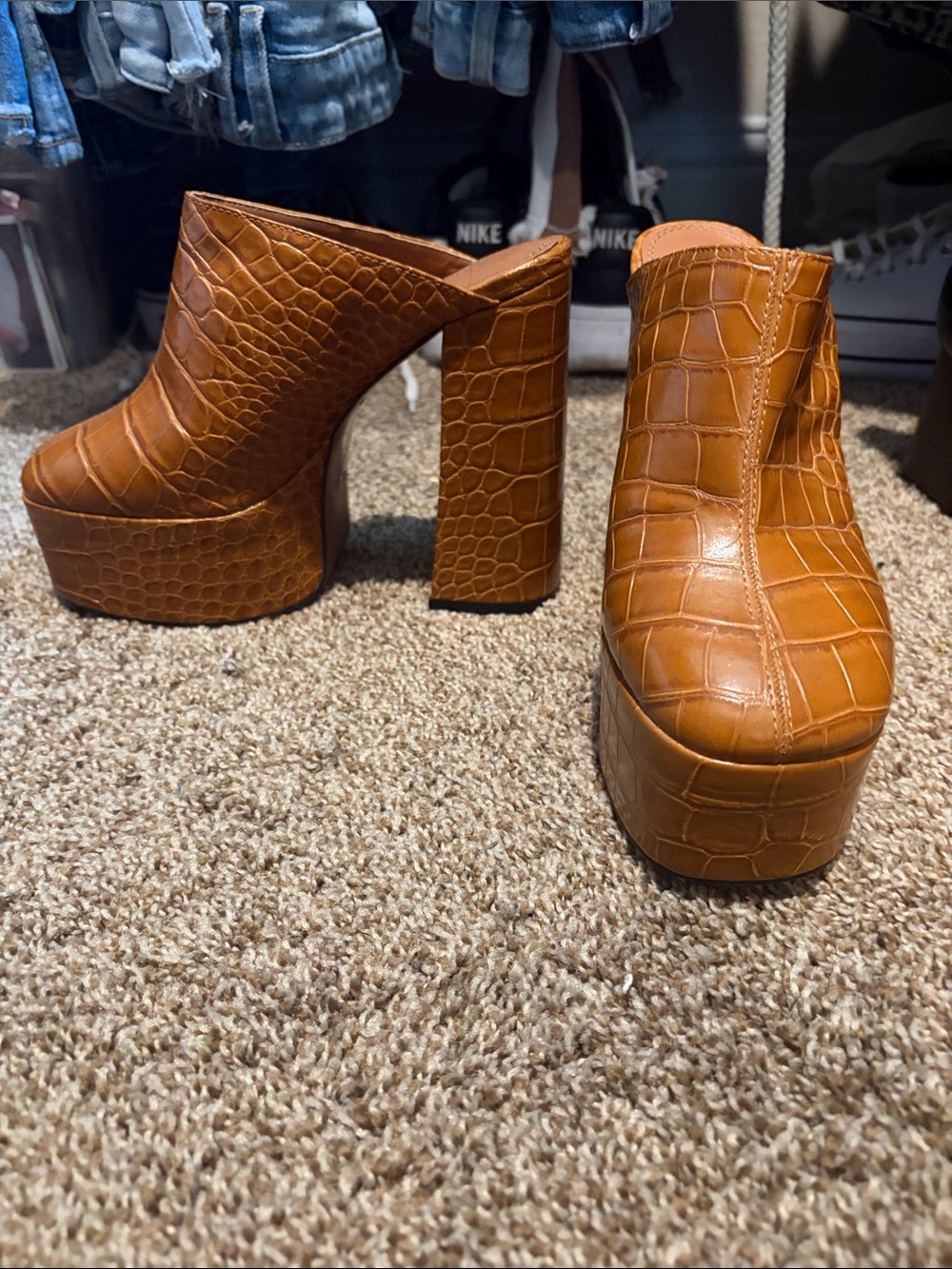 ASOS Tan Croc-Embossed Platform Mule Heels